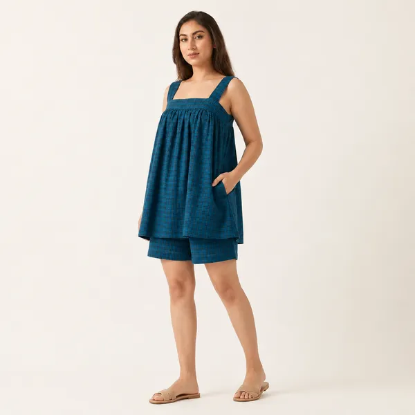 Teal_Blue_Checkered_Cotton_Sleeveless_Dress_For_Women