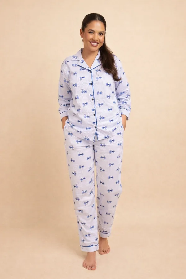 White_And_Blue_Bicycle_Print_Cotton_Sleepwear_Set_For_Women