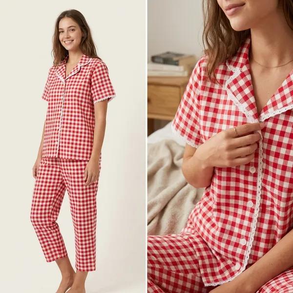 Red_And_White_Gingham_Check_Cotton_Sleepwear_Set_For_Women