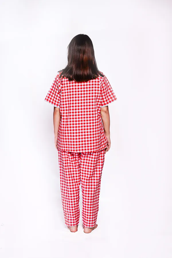 Red_And_White_Gingham_Check_Cotton_Sleepwear_Set_For_Women