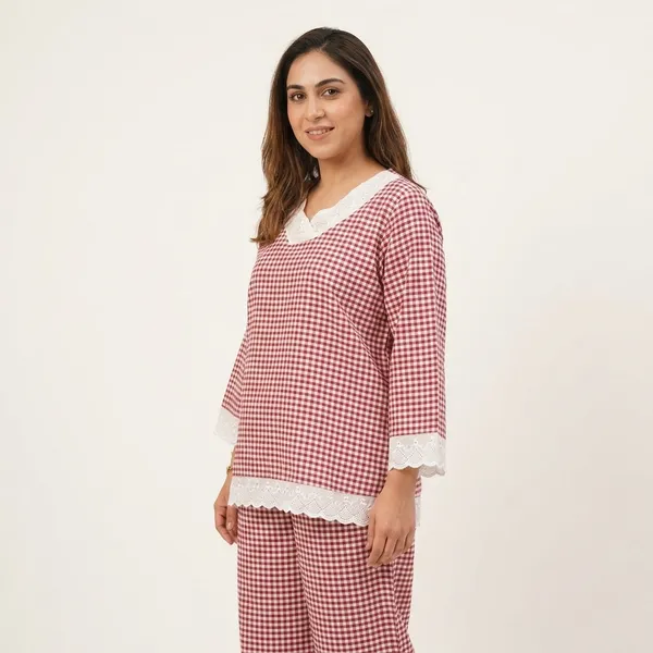 Red_Gingham_Check_Cotton_Bell_Sleeve_Sleepwear_Set_For_Women