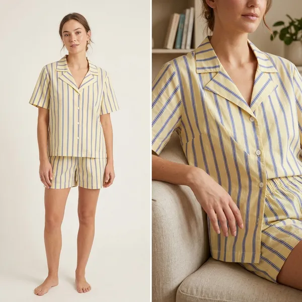Yellow_And_Blue_Striped_Cotton_Sleepwear_Set_For_Women