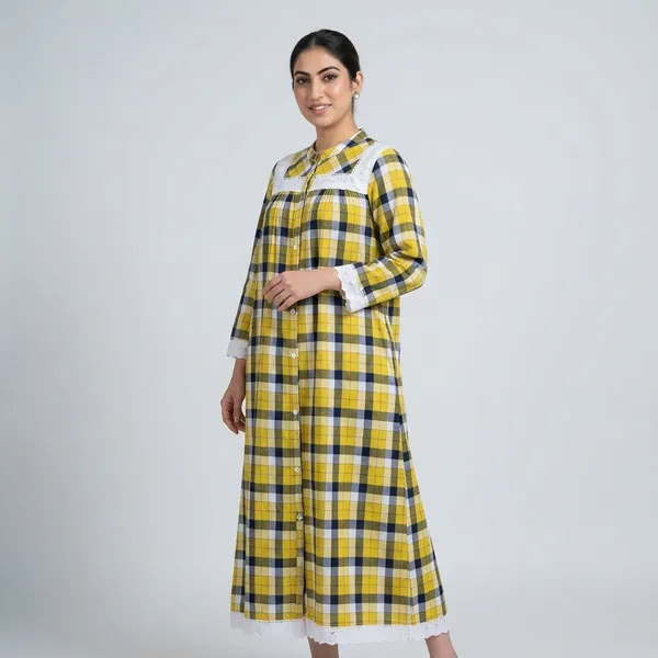 Yellow_And_White_Checked_Cotton_Full_Sleeve_Dress_For_Women