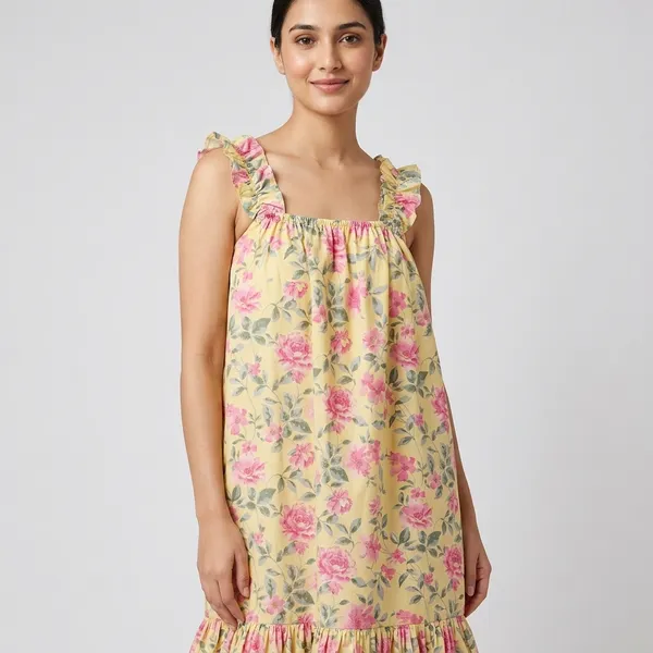 Yellow_Floral_Print_Cotton_Midi_Dress_For_Women