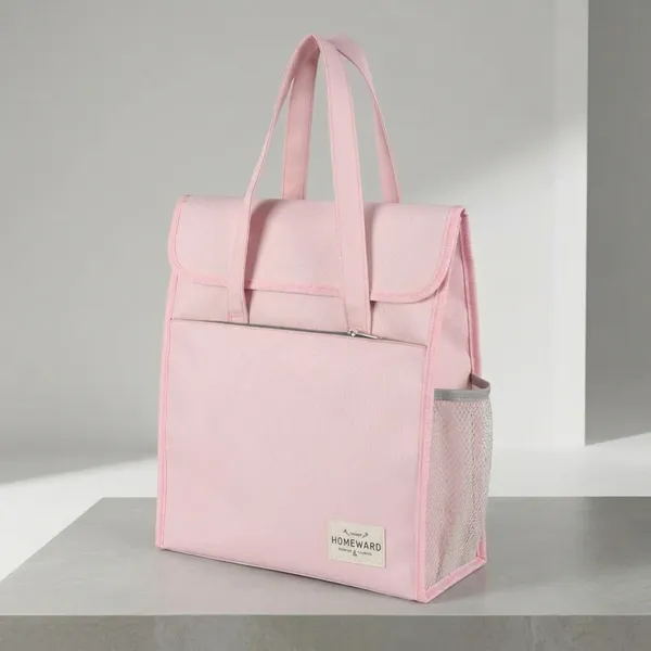 Pink_Polyester_Insulated_Lunch_Bag_With_Mesh_Side_Pocket_For_Kids