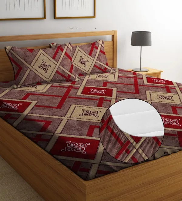 DECORUM_220_TC_-_Red_Cotton_Elastic_Fitted_King/Queen_Size_Bedsheets_With_2_Pillow_Covers