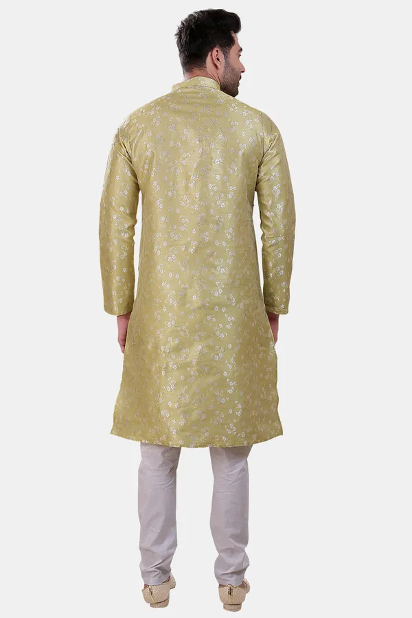 Floral_Print_Apple_Green_Jacquard_Kurta_With_Paijama