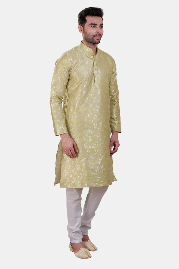 Floral_Print_Apple_Green_Jacquard_Kurta_With_Paijama