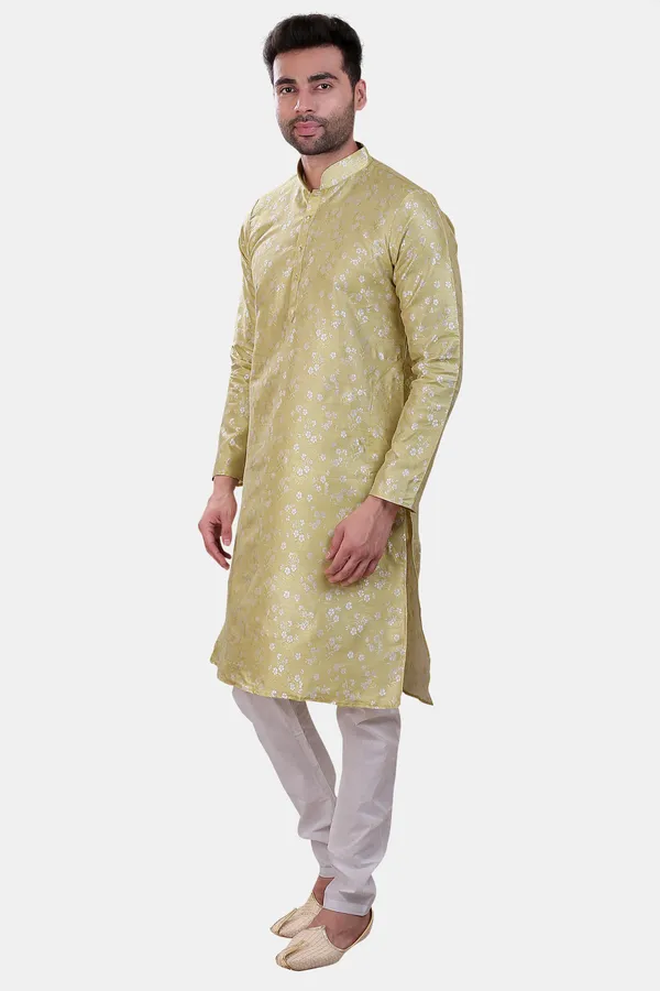 Floral_Print_Apple_Green_Jacquard_Kurta_With_Paijama