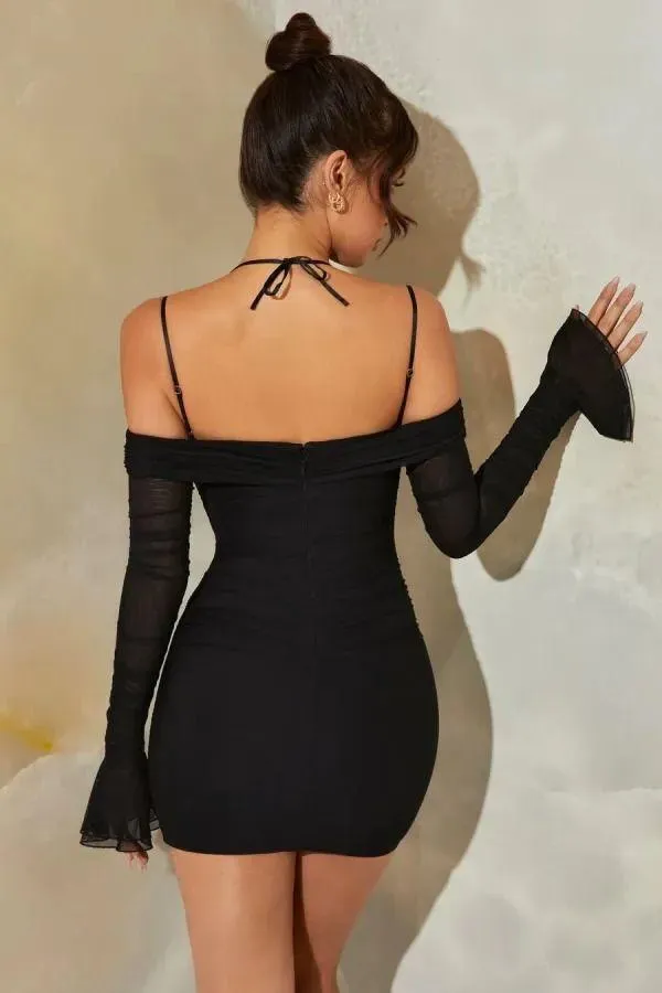 Premium_Black_Mesh_Tinted_Sleeves_Mini_Bodycon_Hot_Sexy_Western_Wear_Dress