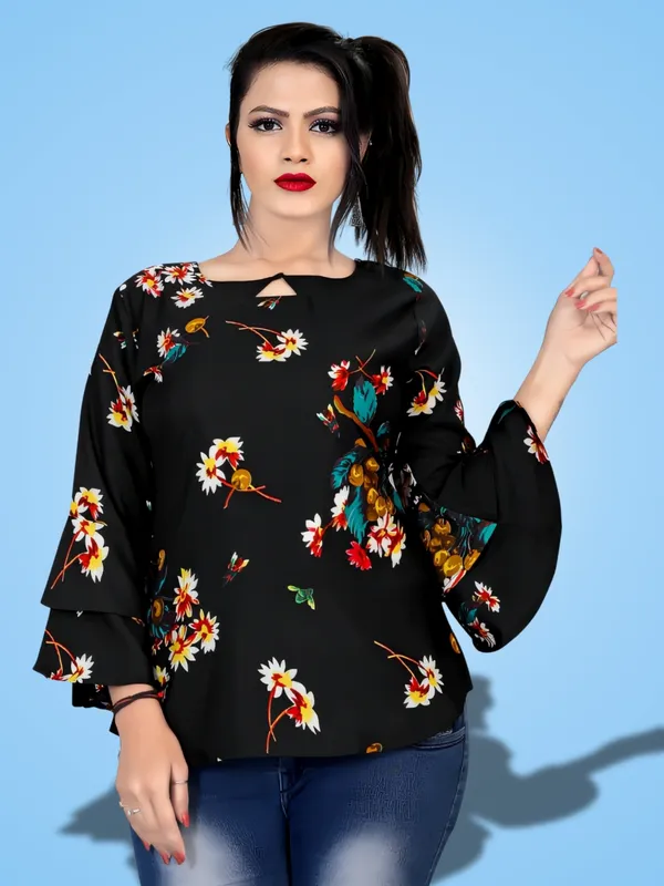 Black_Crepe_Floral_Printed_Keyhole_Neck_Tunic_Tops