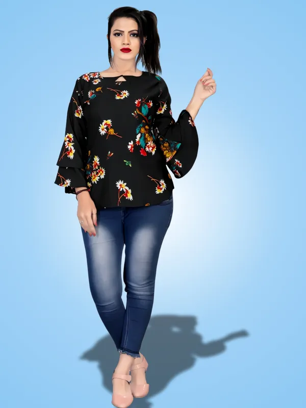 Black_Crepe_Floral_Printed_Keyhole_Neck_Tunic_Tops