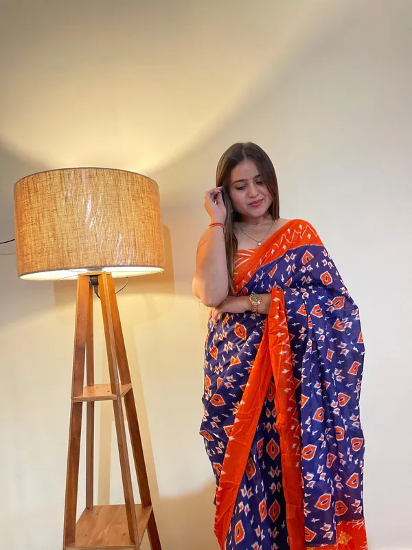 Ikkat_Print_Pure_Soft_Cotton_saree_With_Blouse_Piece