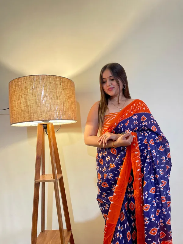 Ikkat_Print_Pure_Soft_Cotton_saree_With_Blouse_Piece
