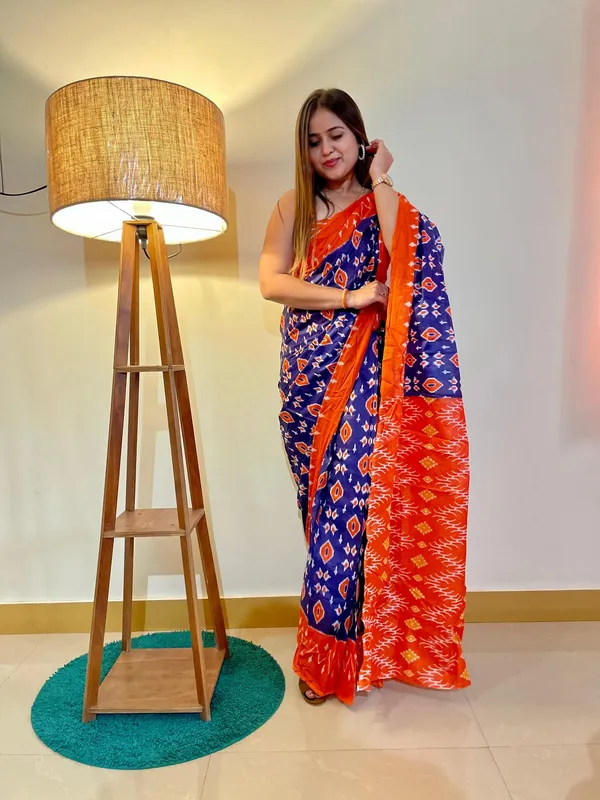 Ikkat_Print_Pure_Soft_Cotton_saree_With_Blouse_Piece