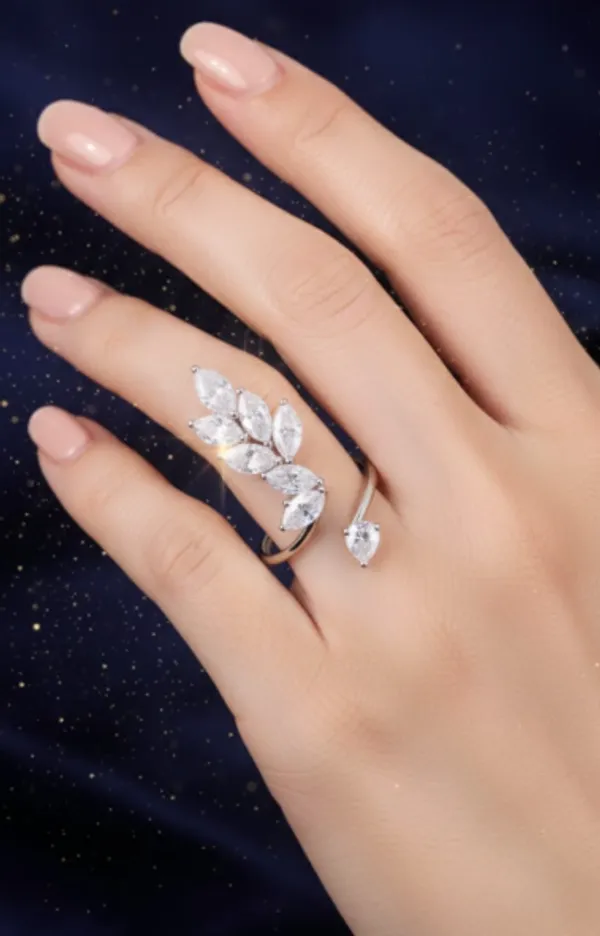 Adjustable_Crystal_Leaf_Ring_-_Silver_Plated_Open_Band_with_Marquise_Cut_Stones
