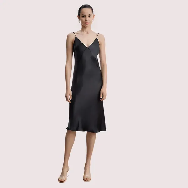 Black_Silk_V-Neck_Slip_Dress_For_Women