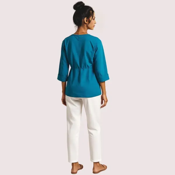 Teal_Cotton_Pintuck_Tunic_Top_For_Women