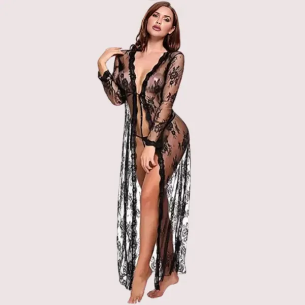 Black_Transparent_Floral_Lace-Trim_Robe_For_Women