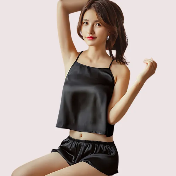 Black_Polyester_Satin_Cami_Top_And_Shorts_Set_For_Women