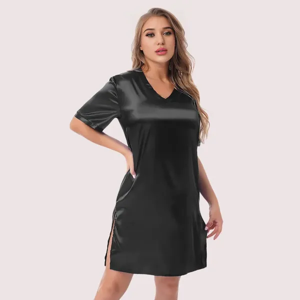 Black_Silk_Satin_Knee_Length_Sleepwear_For_Women
