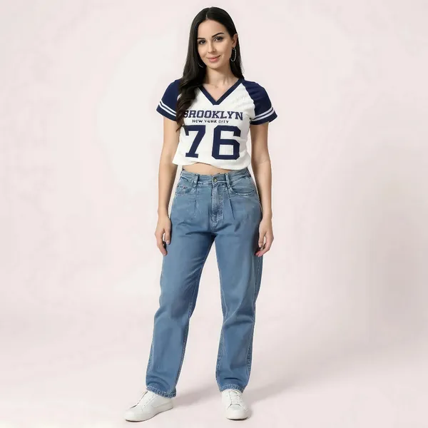 White_Navy_Stretch_Varsity_Stripe_Graphic_Crop_Top_For_Women