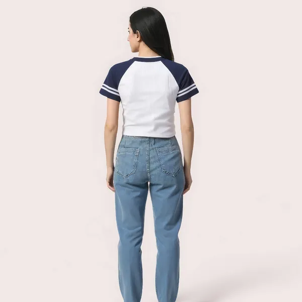 White_Navy_Stretch_Varsity_Stripe_Graphic_Crop_Top_For_Women