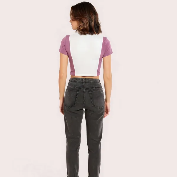White_Lilac_Stretch_Colorblock_Half-Zip_Crop_Top_For_Women
