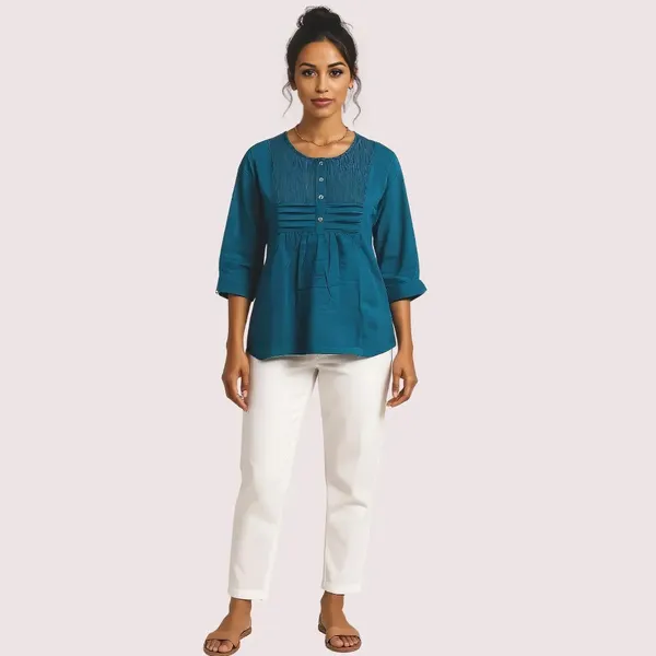 Teal_Cotton_Relaxed_Pintuck_Three-Quarter_Sleeve_Tunic_Top_For_Women