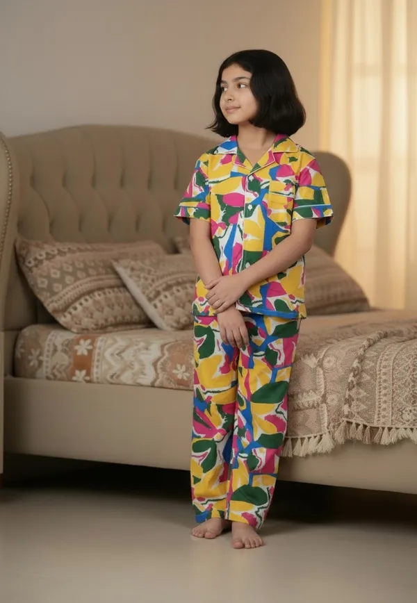 SHOPMOZO|100%_Pure_Cotton|Short_Sleeves_Shirt_&_Pajama|Night_Suit|Sleep_Wear|Top_&_Bottom_Night_Dress_Set_for_Girls(SM-001070)