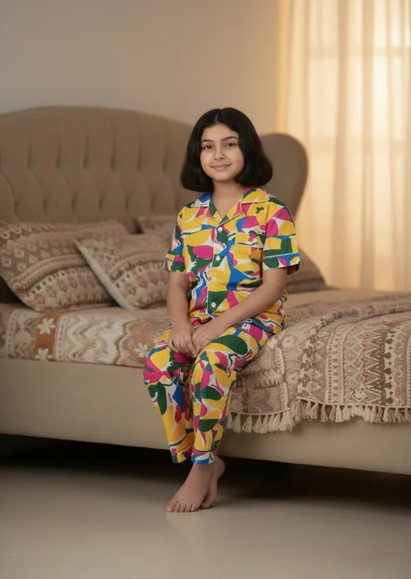 SHOPMOZO|100%_Pure_Cotton|Short_Sleeves_Shirt_&_Pajama|Night_Suit|Sleep_Wear|Top_&_Bottom_Night_Dress_Set_for_Girls(SM-001070)