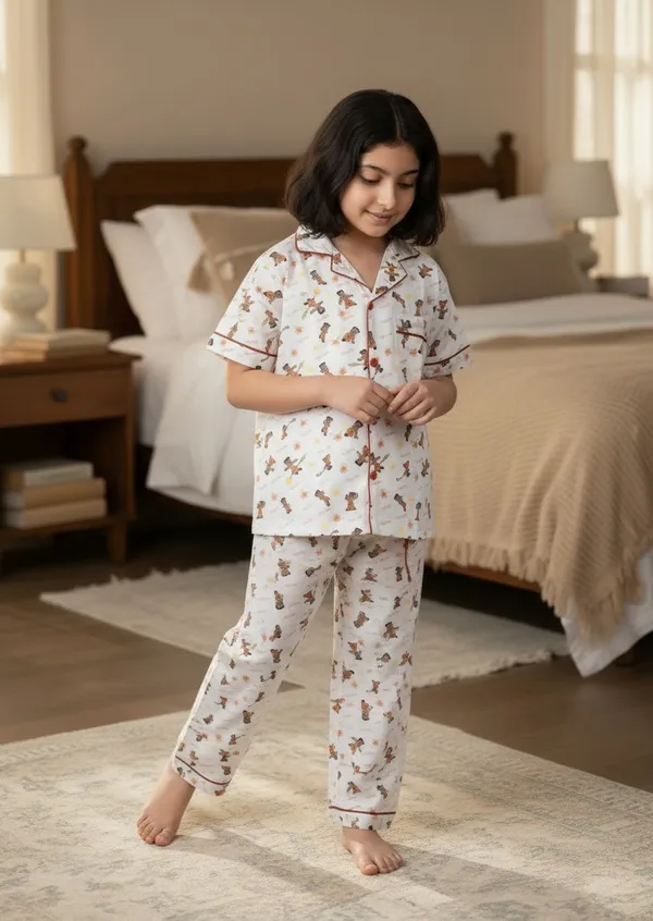 SHOPMOZO|100%_Pure_Cotton|Short_Sleeves_Shirt_&_Pajama|Night_Suit|Sleep_Wear|Top_&_Bottom_Night_Dress_Set_for_Girls(SM-001110G)