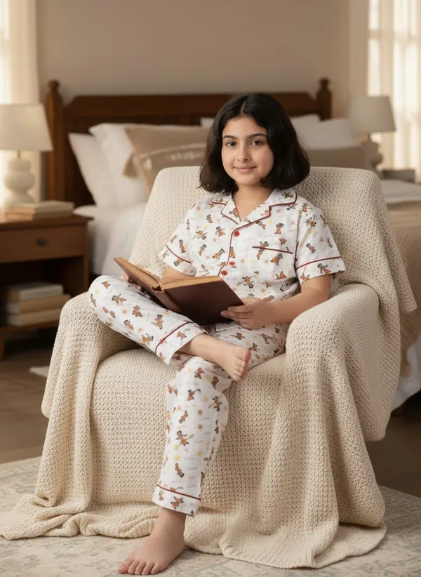 SHOPMOZO|100%_Pure_Cotton|Short_Sleeves_Shirt_&_Pajama|Night_Suit|Sleep_Wear|Top_&_Bottom_Night_Dress_Set_for_Girls(SM-001110G)