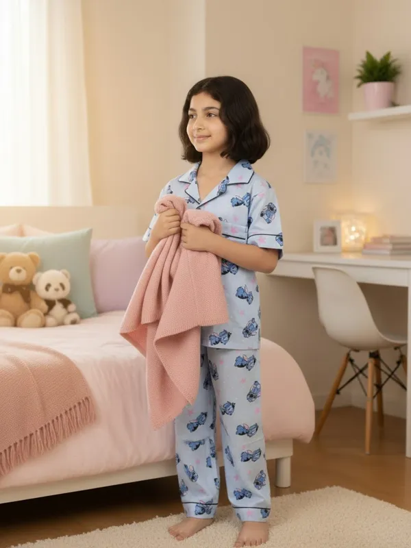 SHOPMOZO|100%_Pure_Cotton|Short_Sleeves_Shirt_&_Pajama|Night_Suit|Sleep_Wear|Top_&_Bottom_Night_Dress_Set_for_Girls(SM-001114)