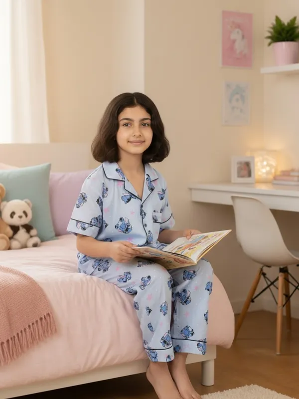 SHOPMOZO|100%_Pure_Cotton|Short_Sleeves_Shirt_&_Pajama|Night_Suit|Sleep_Wear|Top_&_Bottom_Night_Dress_Set_for_Girls(SM-001114)