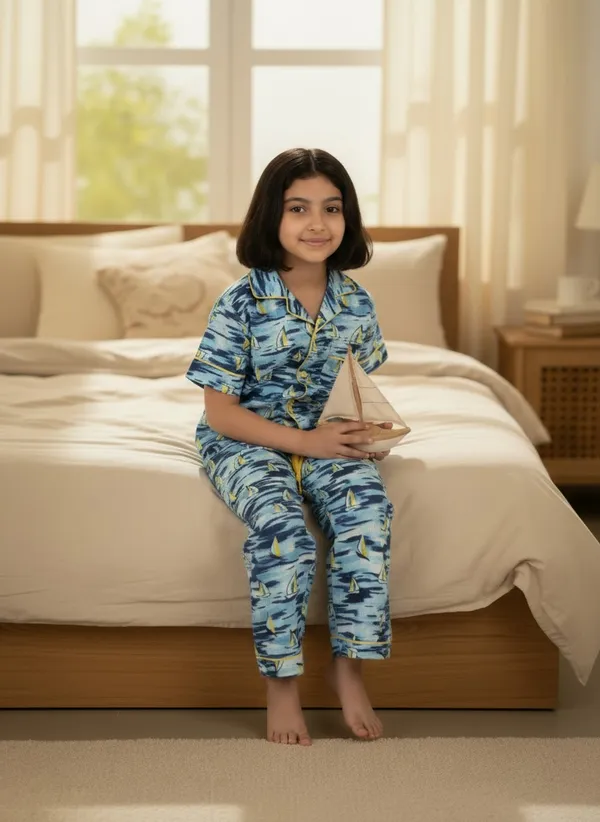 SHOPMOZO|100%_Pure_Cotton|Short_Sleeves_Shirt_&_Pajama|Night_Suit|Sleep_Wear|Top_&_Bottom_Night_Dress_Set_for_Girls(SM-001115)