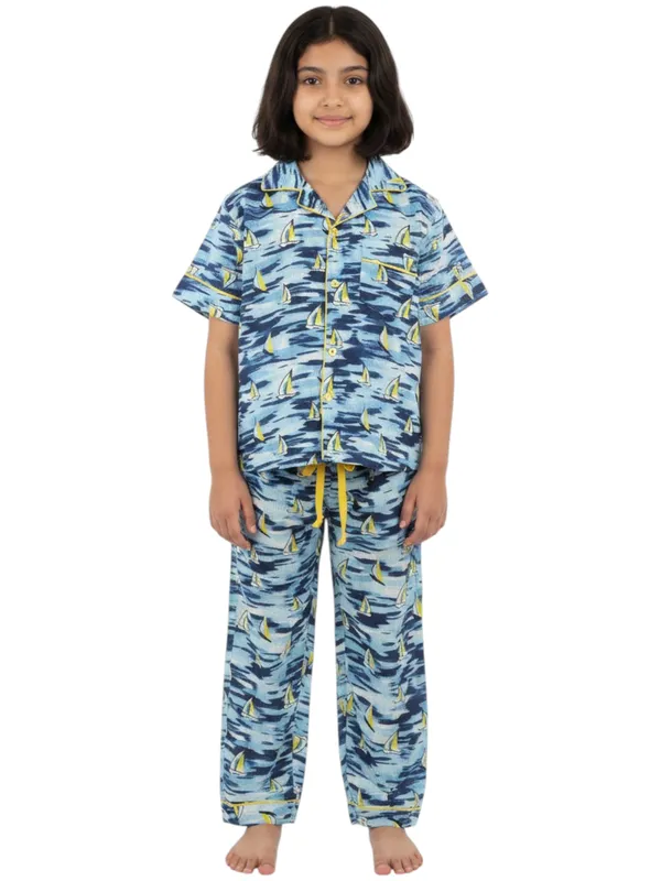 SHOPMOZO|100%_Pure_Cotton|Short_Sleeves_Shirt_&_Pajama|Night_Suit|Sleep_Wear|Top_&_Bottom_Night_Dress_Set_for_Girls(SM-001115)