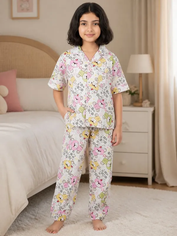 SHOPMOZO|100%_Pure_Cotton|Short_Sleeves_Shirt_&_Pajama|Night_Suit|Sleep_Wear|Top_&_Bottom_Night_Dress_Set_for_Girls(SM-001120)
