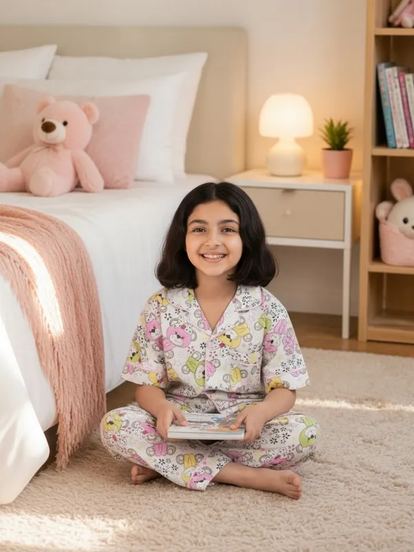 SHOPMOZO|100%_Pure_Cotton|Short_Sleeves_Shirt_&_Pajama|Night_Suit|Sleep_Wear|Top_&_Bottom_Night_Dress_Set_for_Girls(SM-001120)