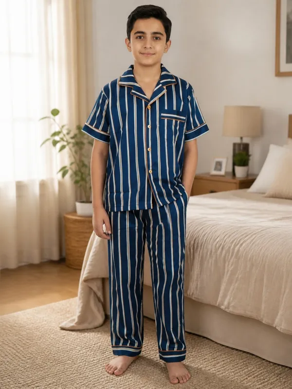 SHOPMOZO|100%_Pure_Cotton|Short_Sleeves_Shirt_&_Pajama|Night_Suit|Sleep_Wear|Top_&_Bottom_Night_Dress_Set_for_Boys(SM-001121)