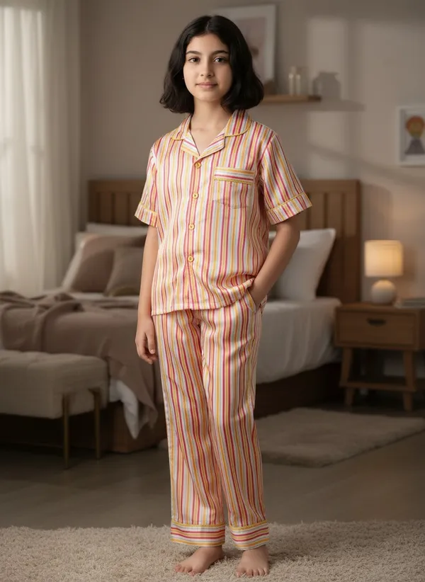 SHOPMOZO|100%_Pure_Cotton|Short_Sleeves_Shirt_&_Pajama|Night_Suit|Sleep_Wear|Top_&_Bottom_Night_Dress_Set_for_Girls(SM-001133)