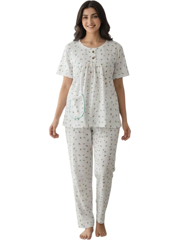 White_Cotton_Short_Sleeve_Top_And_Full_Pajama_Night_Suit_For_Women