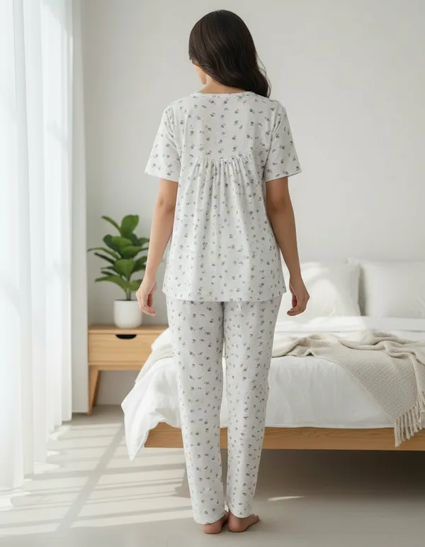 White_Cotton_Short_Sleeve_Top_And_Full_Pajama_Night_Suit_For_Women