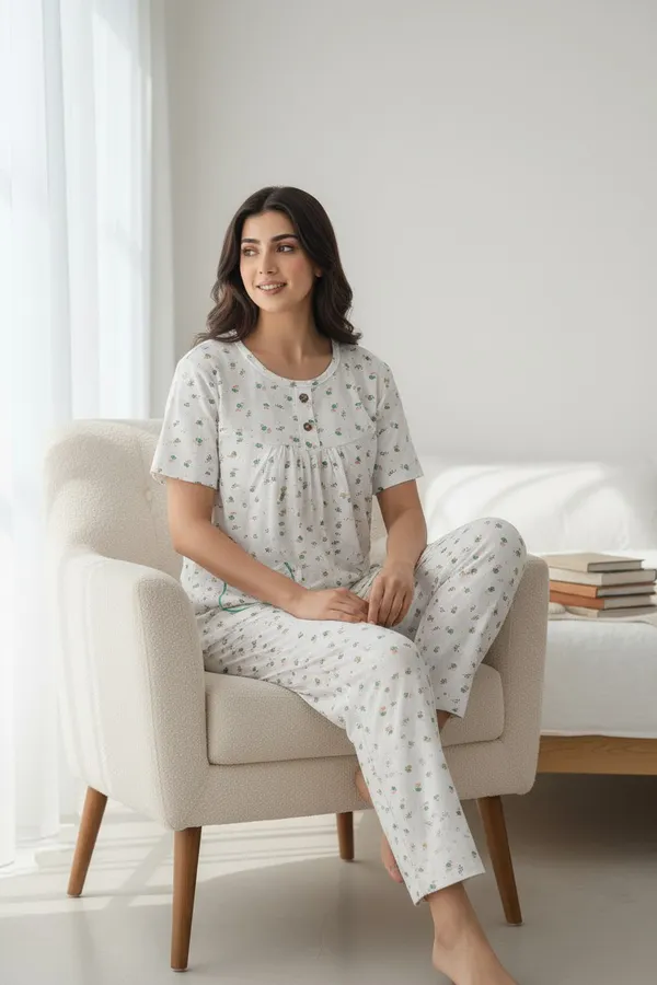 White_Cotton_Short_Sleeve_Top_And_Full_Pajama_Night_Suit_For_Women