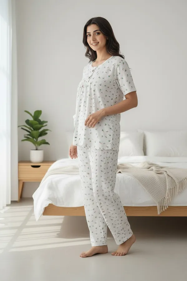 White_Cotton_Short_Sleeve_Top_And_Full_Pajama_Night_Suit_For_Women