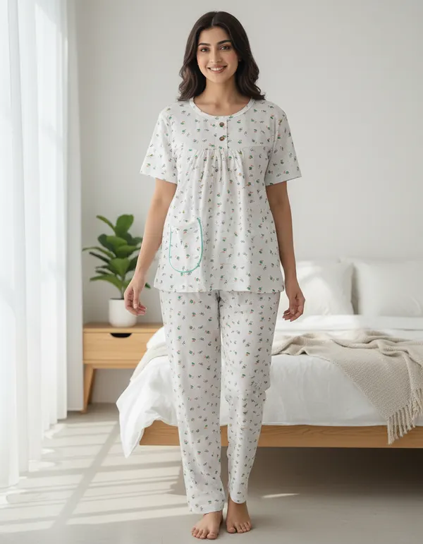 White_Cotton_Short_Sleeve_Top_And_Full_Pajama_Night_Suit_For_Women