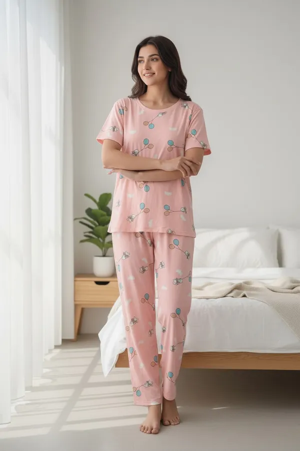 Pink_Cotton_Short_Sleeve_Top_And_Full_Pajama_Night_Suit_For_Women