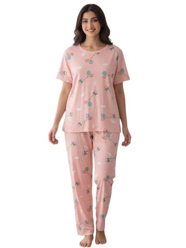 Pink_Cotton_Short_Sleeve_Top_And_Full_Pajama_Night_Suit_For_Women
