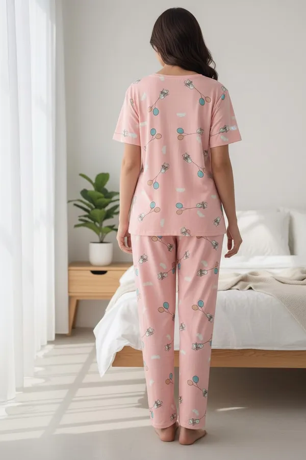 Pink_Cotton_Short_Sleeve_Top_And_Full_Pajama_Night_Suit_For_Women