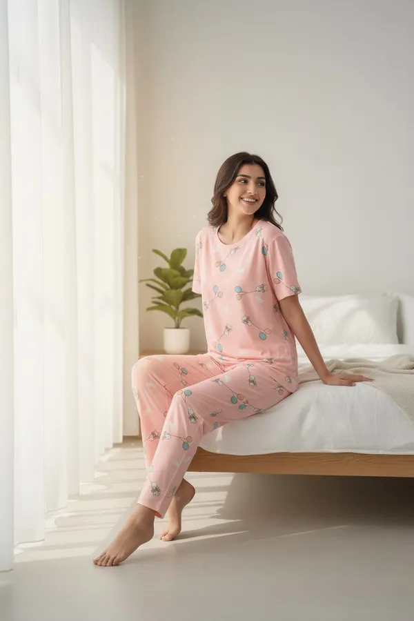 Pink_Cotton_Short_Sleeve_Top_And_Full_Pajama_Night_Suit_For_Women